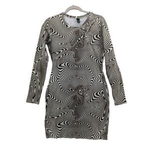 Wild Fable Bodycon Dress M Brown Cream Striped Cutouts Swirl Knit Long Sleeves‎